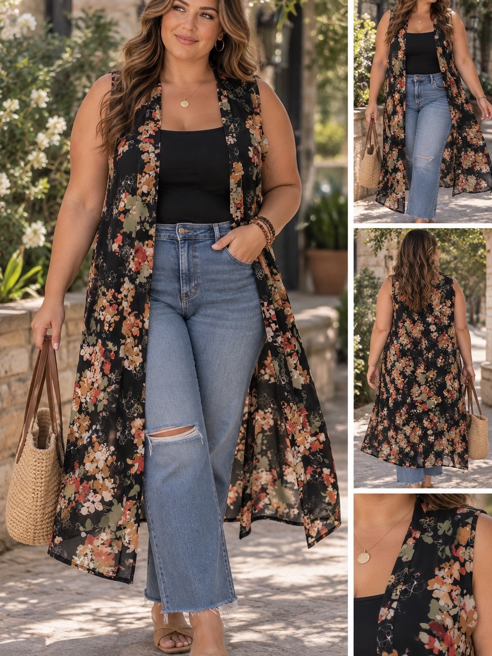 Spense Black Floral Sleeveless Duster Vest